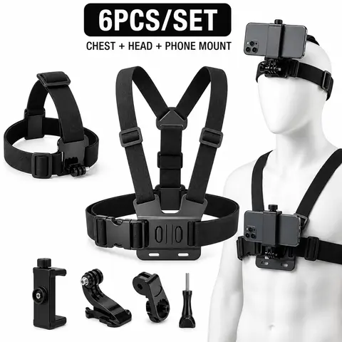 New 6-Piece Sports Camera Accessories Kit - Plastic Vlog Accessories, Vlogging Equipment - Universal Adjustable Chest/Head POV Holders for GoPro, DJI Osmo, Smartphones - Hands-Free Gear for Cycling Outdoor Users