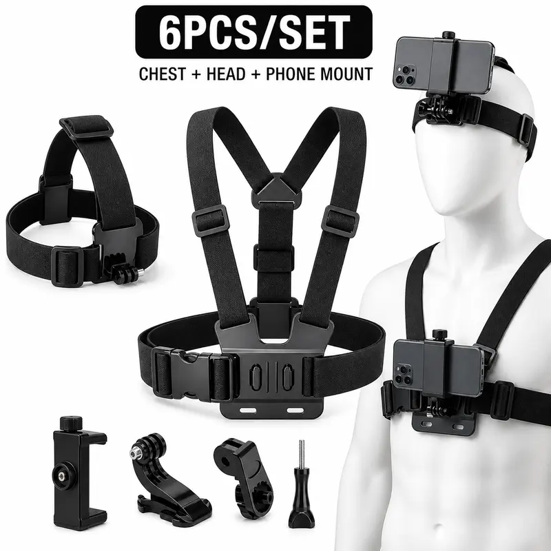 New 6-Piece Sports Camera Accessories Kit - Plastic Vlog Accessories, Vlogging Equipment - Universal Adjustable Chest/Head POV Holders for GoPro, DJI Osmo, Smartphones - Hands-Free Gear for Cycling Outdoor Users