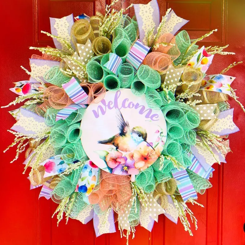 Spring Hummingbird Welcome Wreath with "Welcome" Text, Decorative Elements, and Colorful Twig Accents