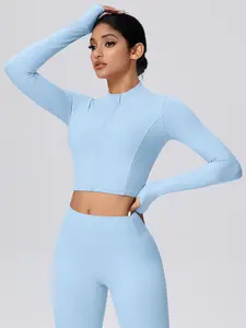 Women's Sporty Zipper Short Top, Slim-Fit Yoga Jacket, Stand Collar Running Training Long Sleeve Coat with Finger Covers, Gym Jacket