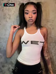 Women's Letter Print Round Neck Knitted Tank Top, Casual Streetwear Sleeveless Cropped Top for Summer, Ladies Teen Girls Clothes for Daily Wear