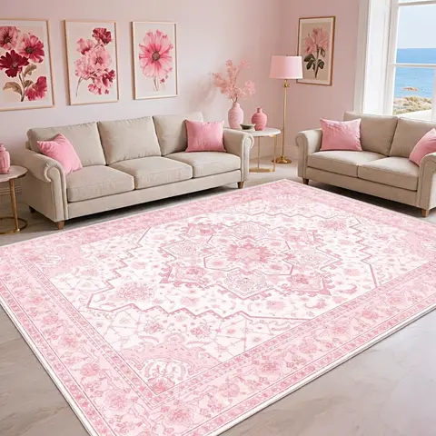 【Moving Season】PLUMLIK Pink Bohemian Washable Rugs For Living Room, Soft Low Pile Rug Non Slip Decorative Rug For Bedroom, Performance Gift Rug Room Decor For Girls, Ideal For High Traffic Areas, Housewarming non-shedding boho large carpet rug