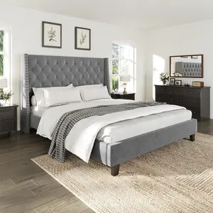 Queen Upholstered Platform Bed Frame with Velvet Tufted Wingback Headboard