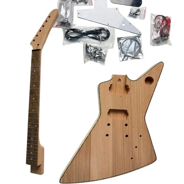Unfinished Explorer-Style Electric Guitar Kit for DIY Projects, Beginner-Friendly, Customizable, 22-Fret Mahogany Body, HH Pickups, 24.75 Inches, Color Shell Wrapping, Included Hardware