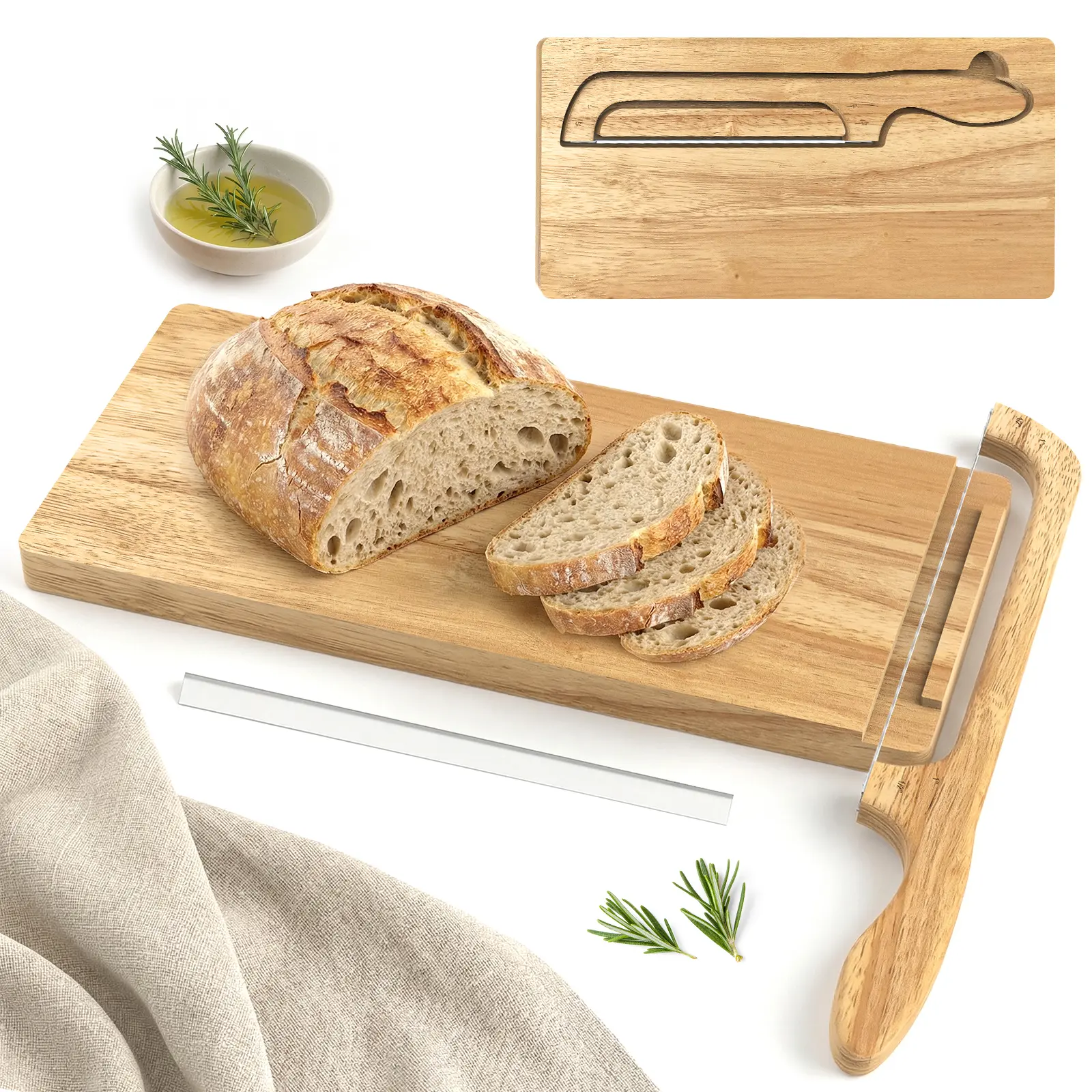 Sourdough Bread Knife Set, Sourdough Bow Knife and Wooden Cutting Board with Magnetic Storage, 100% Solid Wood, Dual-magnet, Guide & Thickness Scale, Right & Left Handed