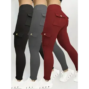 3pcs Women’s High-Waisted Yoga Tights with Pockets – Stretchable Running & Sports Leggings, Button-Front Design, Solid Colors (Black, Navy Blue, Gray), Flap Pockets for Utility, Comfortable Polyester Blend Fabric