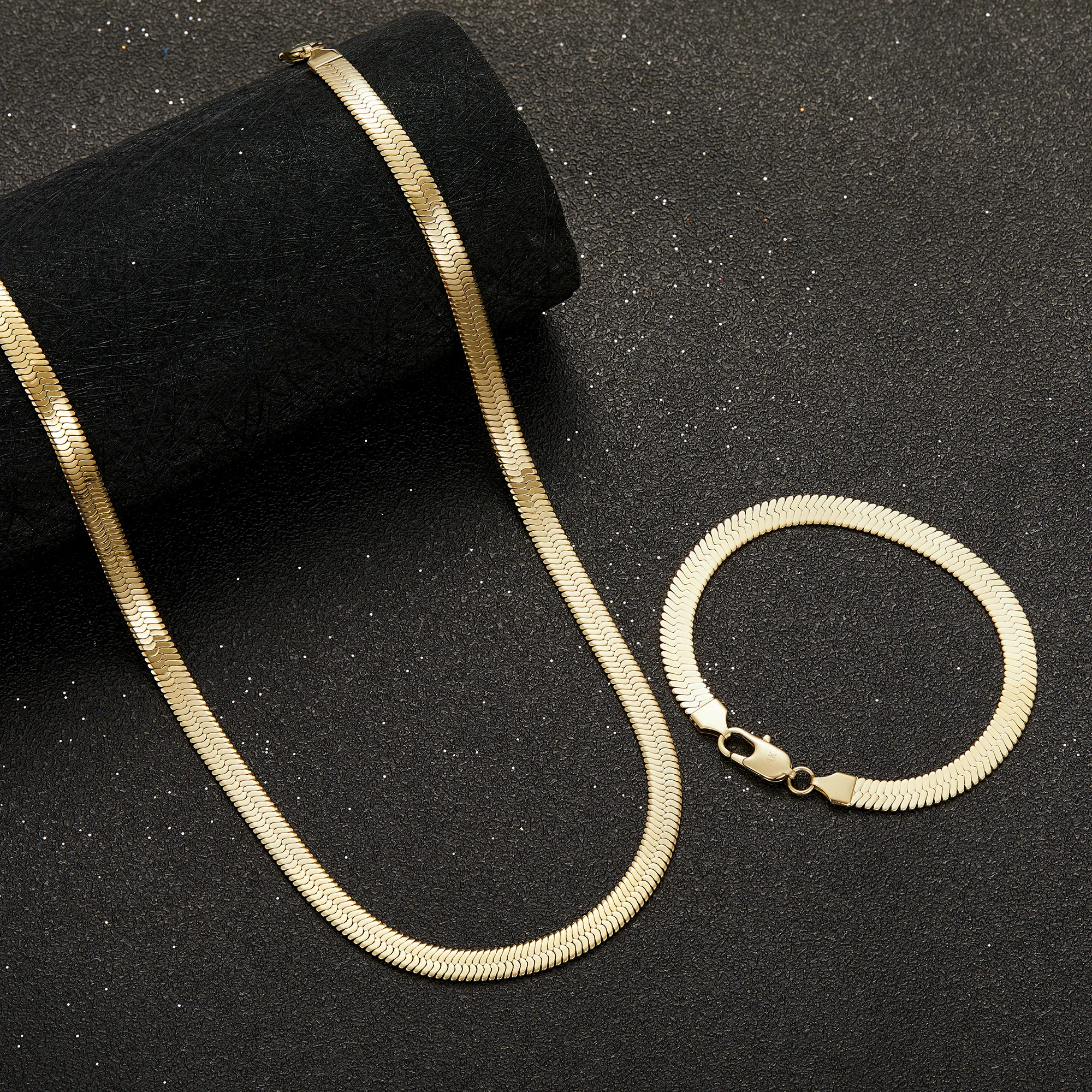 J.J Luxe Studio 14K Gold Plated Herringbone Chain Necklace & Bracelet| Sleek Flat Mirror Polished| Flexible Layering Design| Hypoallergenic Tarnish Resistant Minimalist Unisex Jewelry for Daily Wear cuban links