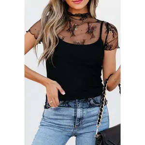 Floral Sheer Mesh Short Sleeve Top and Cami Set Lace Womenswear Shirts Blouse Stretchy Comfort