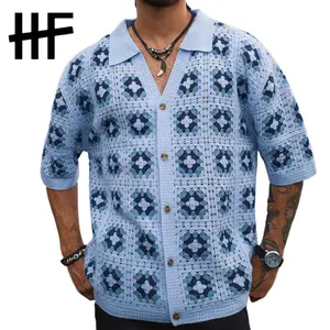 Men's Summer Cool Knitted Short-Sleeve Shirt Baby Blue Boho Vacation Casualwear Loose Fit Collared Button Closure All-Over Print Menswear Acrylic Knitwear