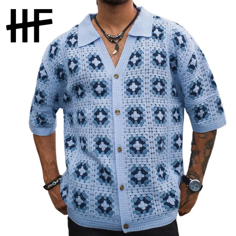 Men's Shortsleeve Knitwear Top - Baby Blue, Collared, Button Closure, Loose Fit, All-Over Boho Print, Acrylic Fabric, Stretch, Hem, Menswear for Summer Vacation Casualwear, Tops, Mens Clothing, Casual Fit, Sheer, M, Shirts, Boho Clothes, Collared Neck