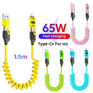65W USB Fast Charging 4-in-1 Spring Cable, USB-A to Multi-Connector Charging Cable for Car, Stretchable up to 150 cm, Supports USB-C/Lightning PD 27W, Multifunctional Fast-Charge Data Cable