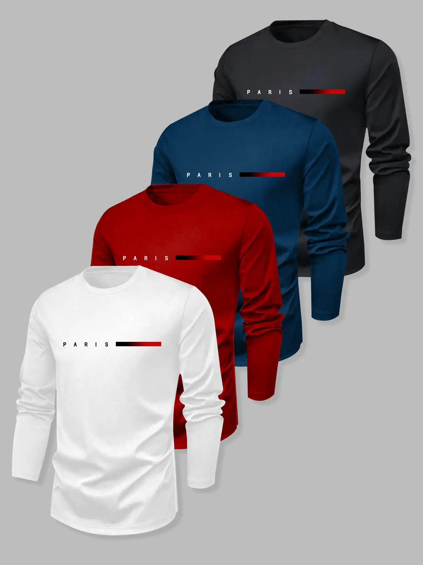 Men's Classic Letter Print Crewneck Long Sleeve Knitted T-Shirts 4-Pack Set, Casual Fitted Tops for Spring & Fall, Bestselling Basic Tees, Knitwear, Casual Fashion Knitwear
