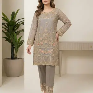 Elegant Grey Embroidered Kurta Set with Matching Pants for Women