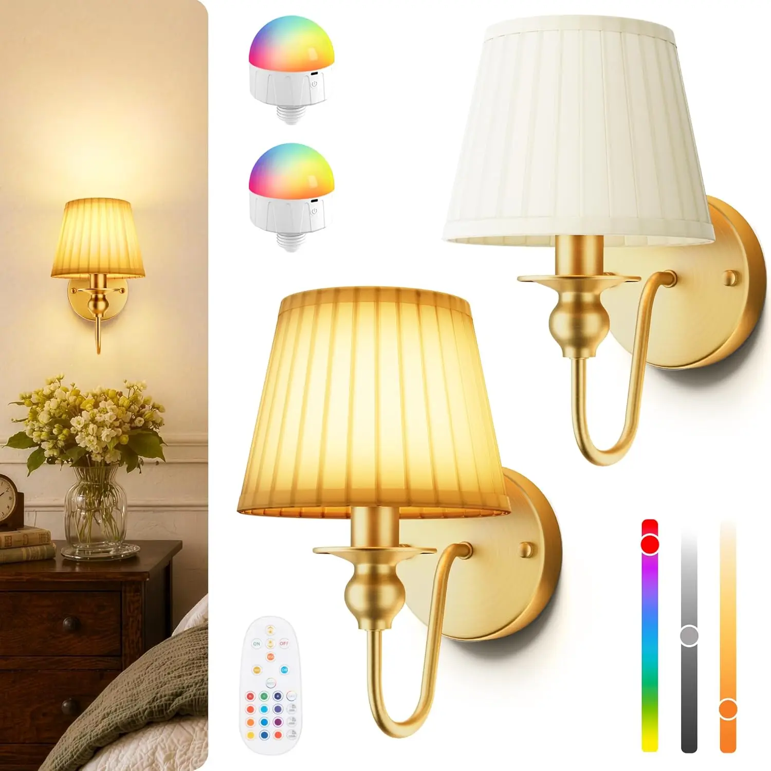 Battery Operated Wall Sconces Set of 2, Gold Cordless Wall Lights with 6000mAh Rechargeable Magnetic Bulbs and Remote, Dimmable & 15 RGB Colors Wall Lamps for Bedroom Living Room Hallway