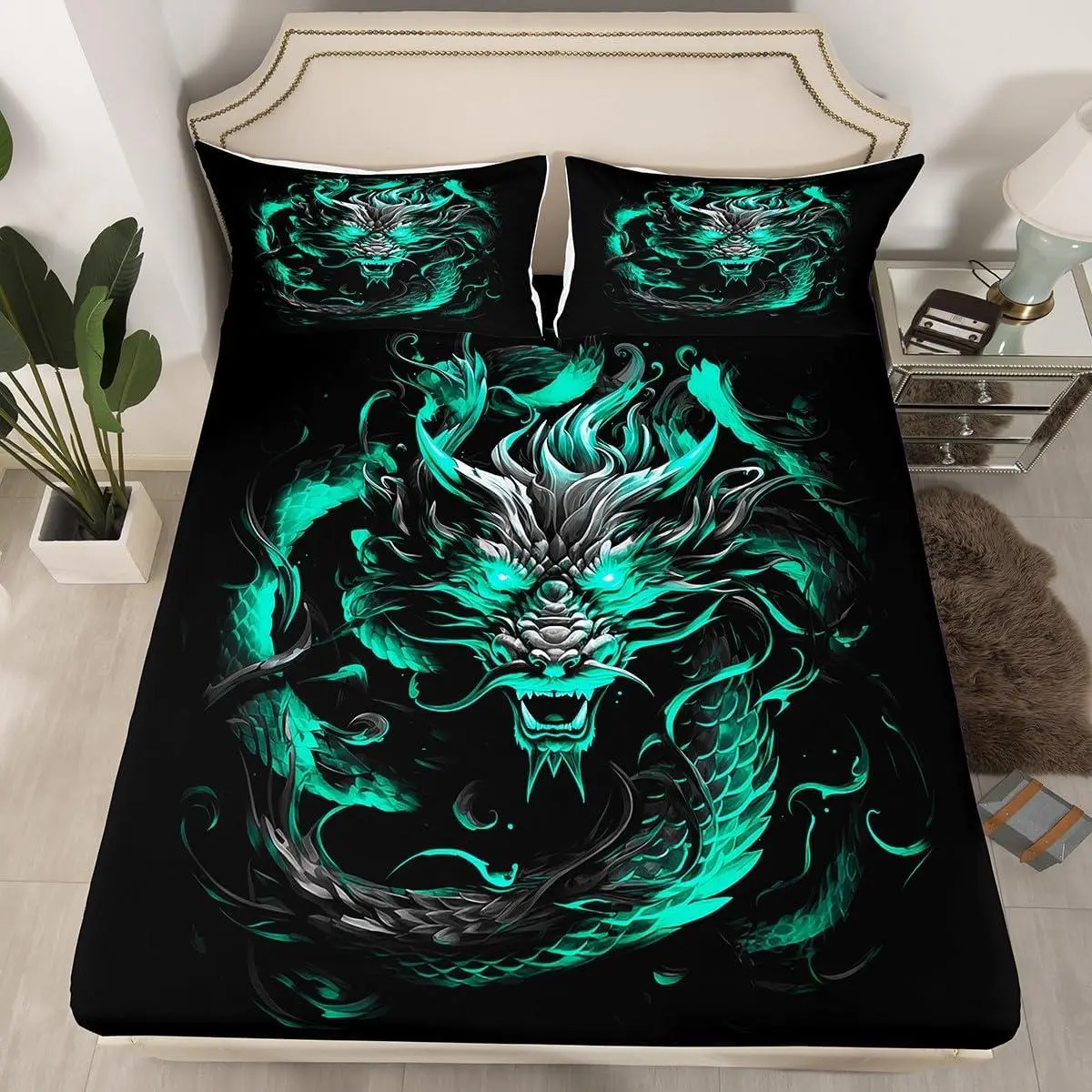 Dragon Fitted Sheet,Blue Green Flame Dragon Bed Sheets for Kids Boys Men Adult Bedroom Decor,Magical Wildlife Animals Bedding Set,Luxury Cool Deep Pocket Sheet