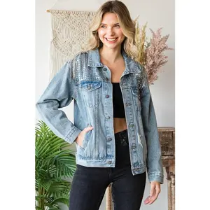 Sequin and Rhinestone Fringe Denim Jacket Women's Fitted Long Sleeve Casual Evening Outerwear with Sparkling Sequins & Rhinestones for All Seasons Fashion Style Aesthetic Overall Suit Tops Fabric Outerwear - Basic Womenswear Coats Everyday Piece Elegance