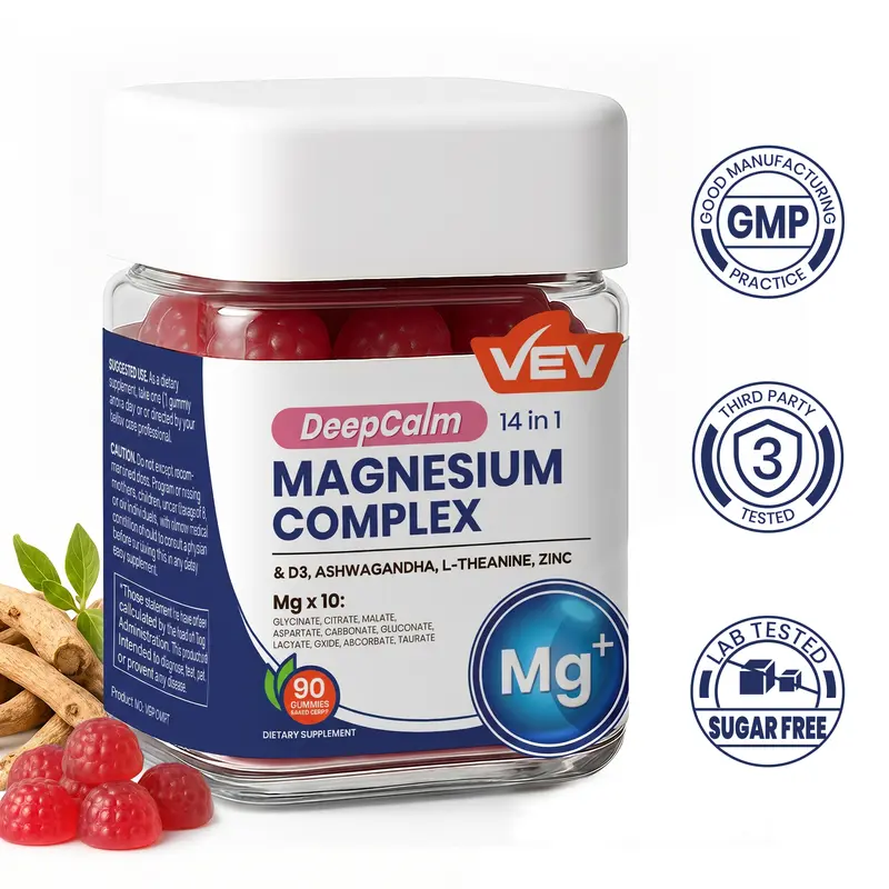 VEV 14-in-1 Magnesium Gummies - 90ct Vegan, GMO Free, Sugar Free Daily Magnesium Supplement with Ashwagandha, L-Theanine, D3 + Zinc Boost, Immunity Support Chewable Dietary Supplement, Sohochic