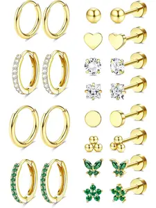 12Pairs Gold Stud Hoop Earrings for Women, Hypoallergenic Surgical Steel Earrings for Sensitive Ears, Comfortable Flat Back Earring for Sleeping/Daily, Nickel-Free Cartilage Earring Stack Set for Multiple Piercing Jewelry