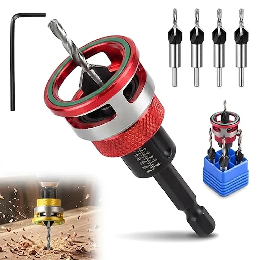 4PCS HCS 4-Blade Countersink Drill Bit Set with Adjustable Depth Stop, L-Shape Wrench, Laser Etching Scale Adjustment for Wood, Plastic – Ideal for Woodworkers, Craftsmen & Gardeners (Diy Furniture, Cabinet Installation, Home Bookshelves Use)  screwdriver