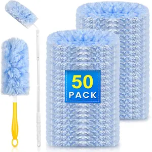50 Count Heavy Duty Duster Compatible with Swiffer Duster, Disposable Microfiber Duster Refills with 1 Short Handle and 1 Extendable Handle Cleaning Light Pack