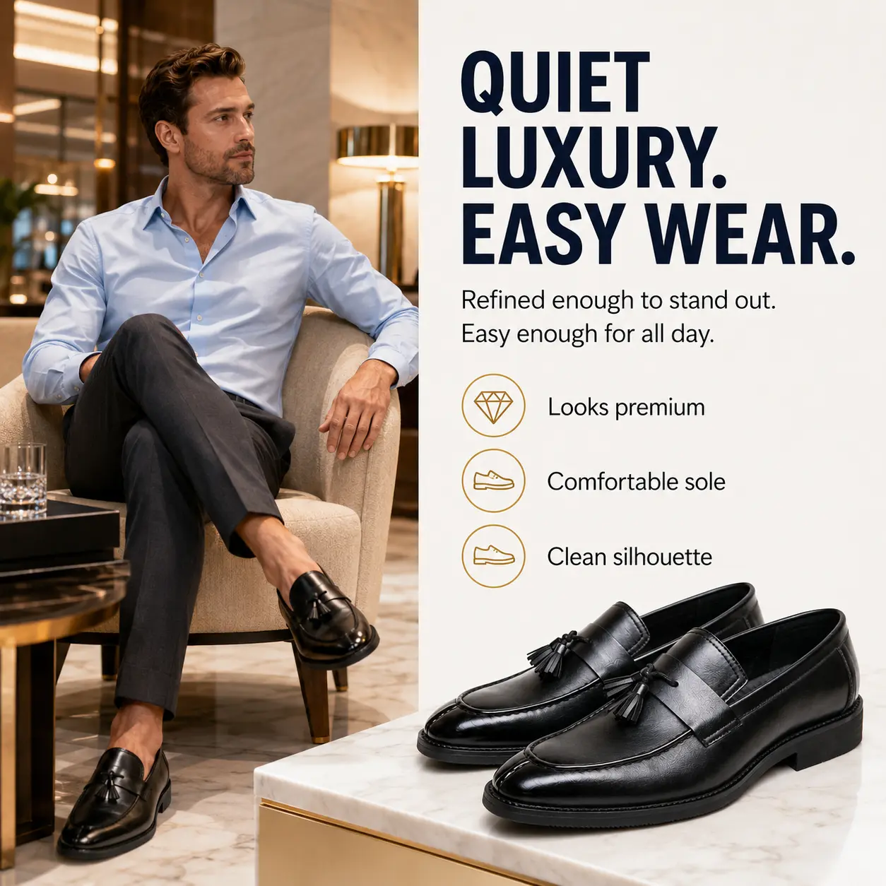 Men's Classic Leather Tassel Loafers - Soft, Breathable Slipon Formal Shoes with Rubber Sole, Cuban Ankle Plain Design for Office, Business, Wedding Walking Shoes