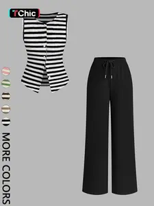2-Piece Striped Vest & Wide-Leg Pants Set - Retro Baddie Style Slim-Fitting & Figure-Flattering | Stretchy Knit For Women’s Summer Outings / Casual Social Gatherings Womenswear