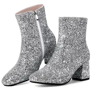 Women's Sequins Glitter Chunky Heel Ankle Boots Sparkly Booties Zipper Block Heeled Wedding Party Dress Bridal Bridesmaid Blingbling Shoes for Carnival Music Festival Concert