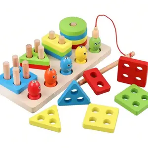 Wooden Shape Sorter Fishing Set with Blocks, a Fishing Rod, Color & Shape Training, Motor Skills Development, Early Development Toy, Educational Toy for Kids