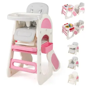 COSTWAY - Convertible Baby High Chair with Double-layer Tray and Adjustable Backrest-Pink