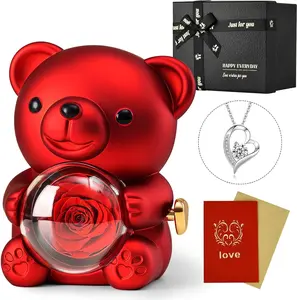 Rose Bear Teddy with Necklace Gift Box for Girlfriend, Cute Forever Flower Bear Preserved Rose Romantic Gift for Her, Valentines Bear Eternal Rose Flower Bear Anniversary Decoration for Woman Mom, Red