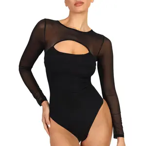 FeelinGirl See-through Long Sleeve Shapewear Bodysuit Breathable Fabric Womenswear