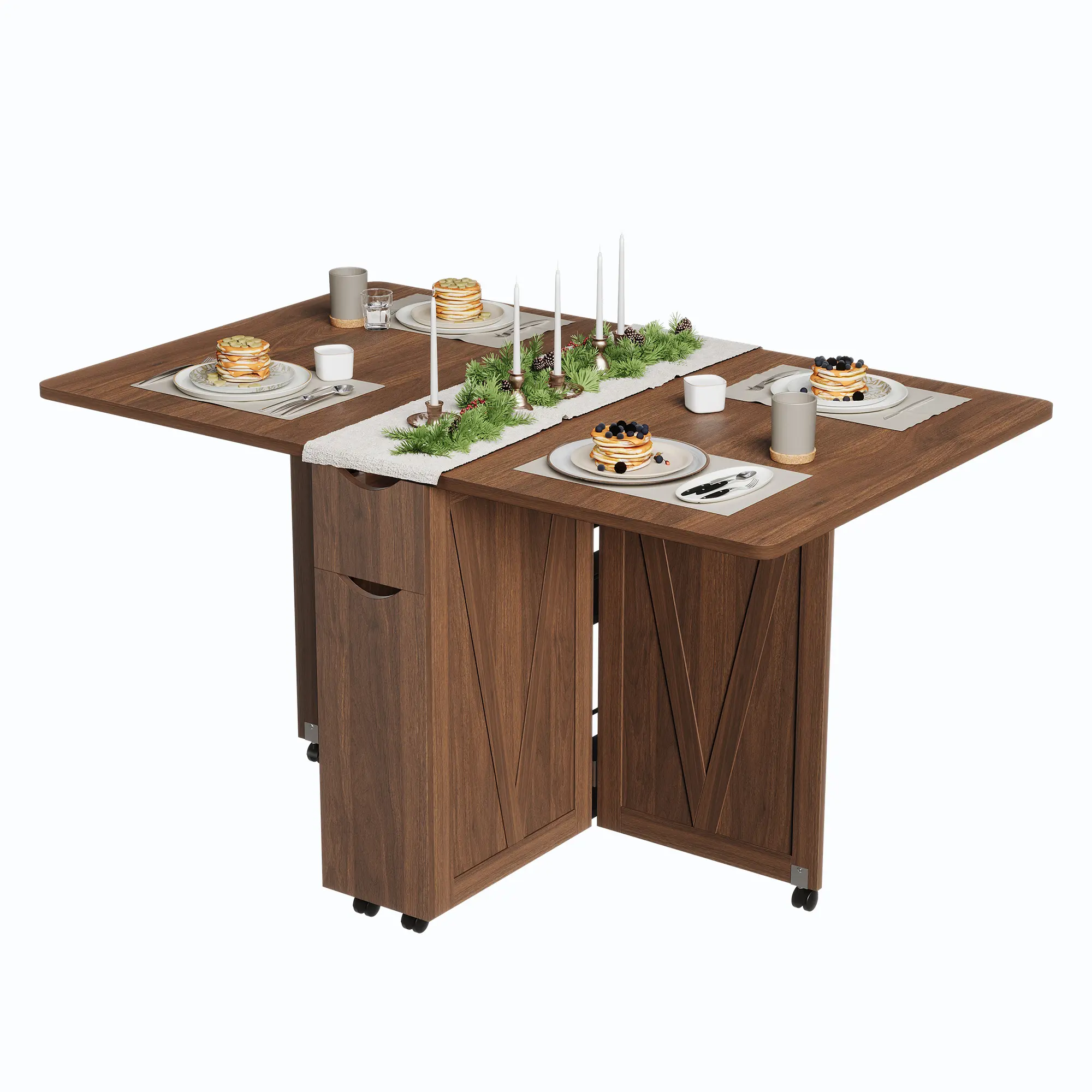 Folding Dining Table,Dinner Table with Storage and Shelves,Space Saving Dining Table with 6 Wheels, Kitchen Table for Small Spaces, Not Including Chairs