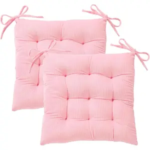 2Pack Chair Cushions for Dining Chairs 15.7"X15.7" Corduroy Chair Pads with Ties Indoor Non-Slip Square Seat Cushion for Kitchen Office Chairs Computer Desk Seat Pad, Pink