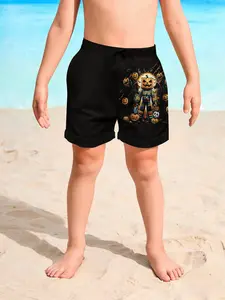 Minecraft Pumpkin Creeper Halloween Print Beach Shorts, Quick-Dry Casual Swim Trunks, Fitted Knee Length, Drawstring Waist