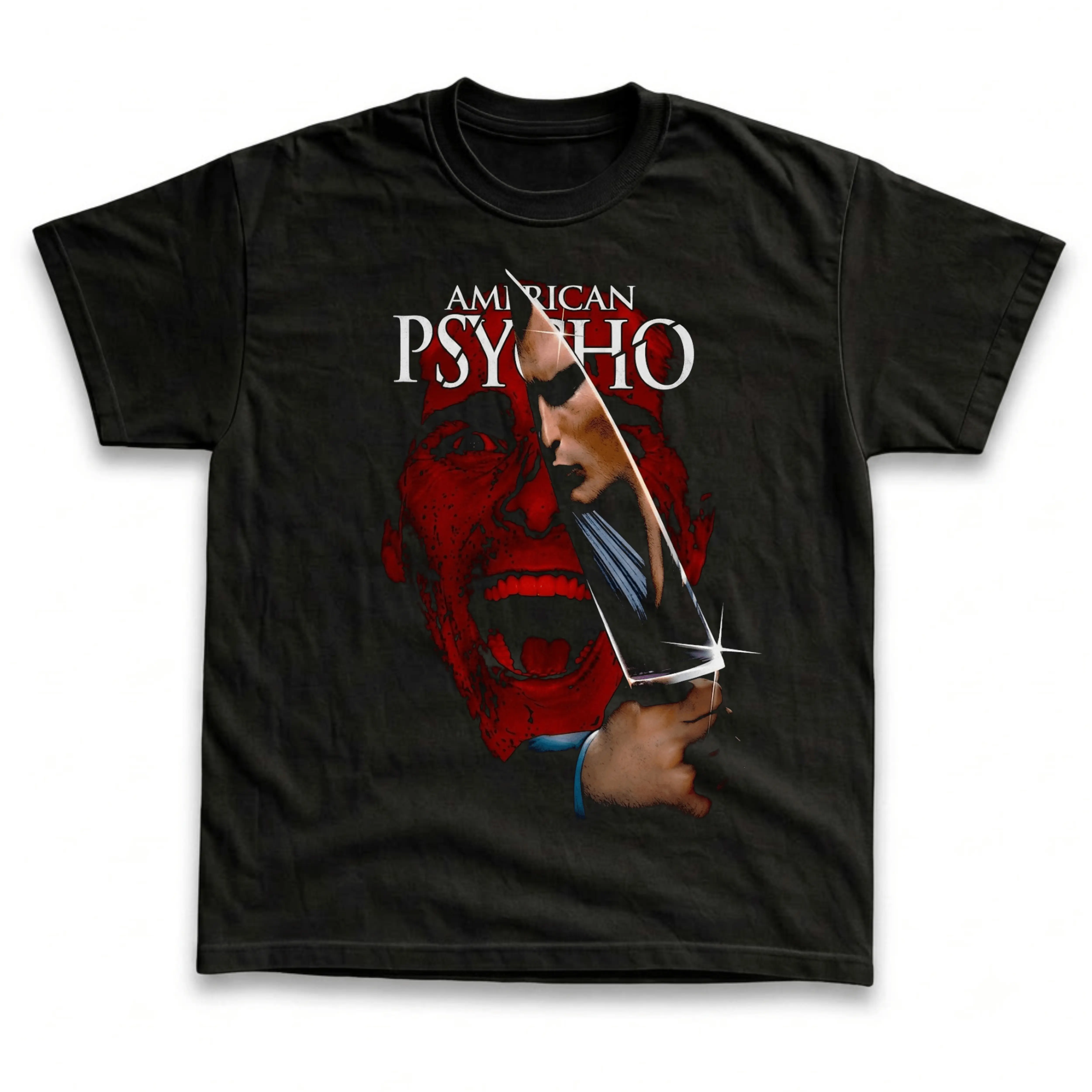 Gildan Men's and Women's T-Shirt, Vintage American Psycho Graphic Tee, Patrick Bateman Christian Bale, 2000 Cult Horror Movie Merch, Shiny Knife Blade Reflection, Screaming Red Face Silhouette, Spooky Halloween Outfit, Retro Grunge Streetwear, Fan Gift