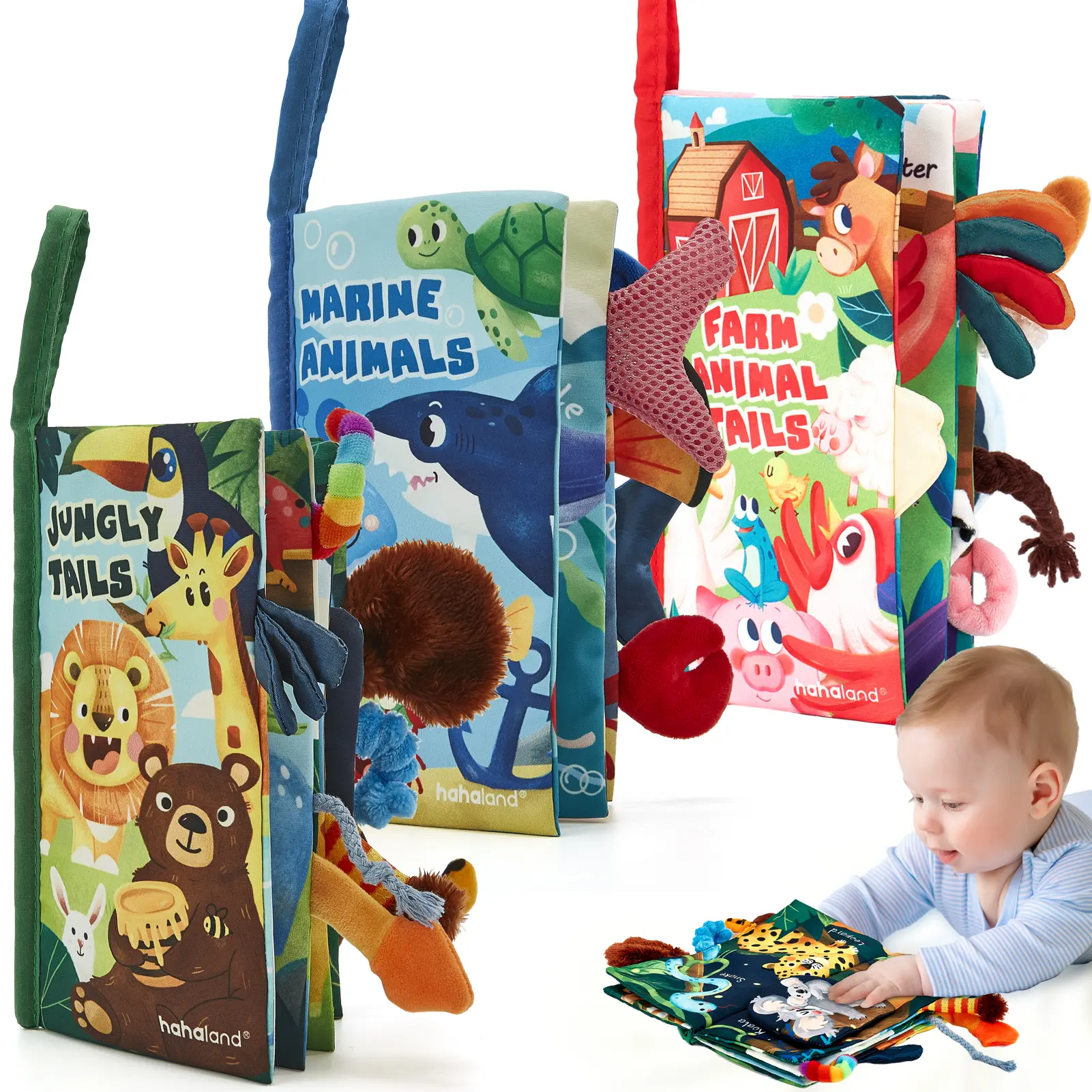 Hahaland Jungly Tails / Farm / Ocean Baby Books 0-6 Months,Infant Tummy Time Toy Sensory Learning Toys 6 to 12 Months, Touch and Feel Cloth Book for 0-3 Month Boy Girl,Baby Shower Birthday Easter Basket Stuffers Gifts