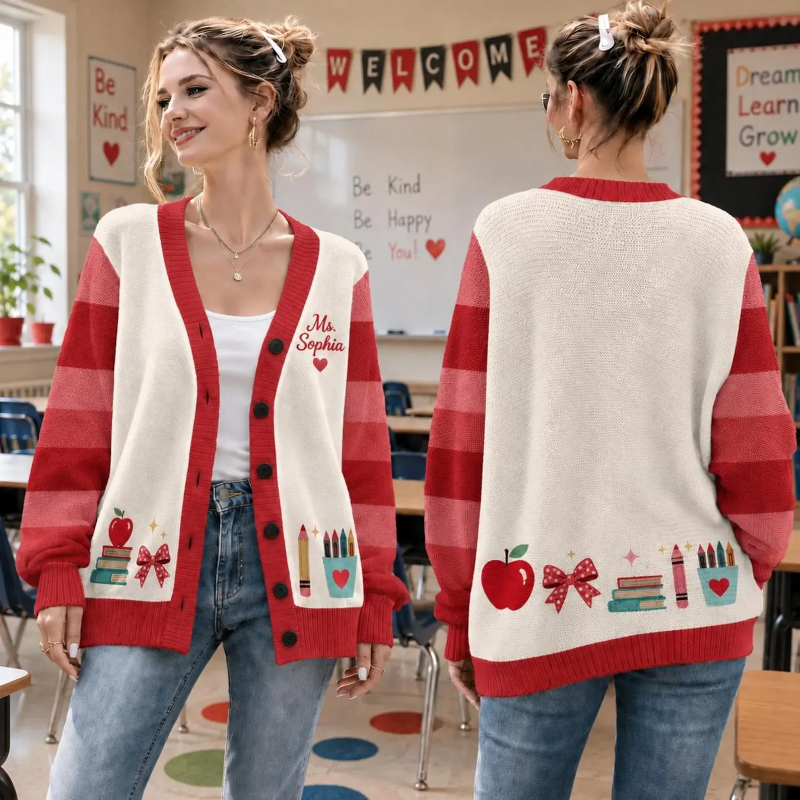 Personalized Teacher Cardigan Sweater, Custom Teacher Name Knit Cardigan, Back to School Teacher Gift, Cute Classroom Apparel Teacher Shirt