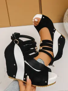 Women's Summer Wedge Heel Thick Rubber Sole Sandals, Fashion Elegant Sport Punk Rivet Three Straps Colorblock Chunky Heels, Party Holiday Shoes Strappy Party Shoes