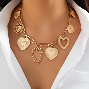 Chunky Gold Heart Necklace for Women, Vintage Statement Paperclip Chain with 8 Heart Pendants, Stackable Bold Fashion Jewelry Gift