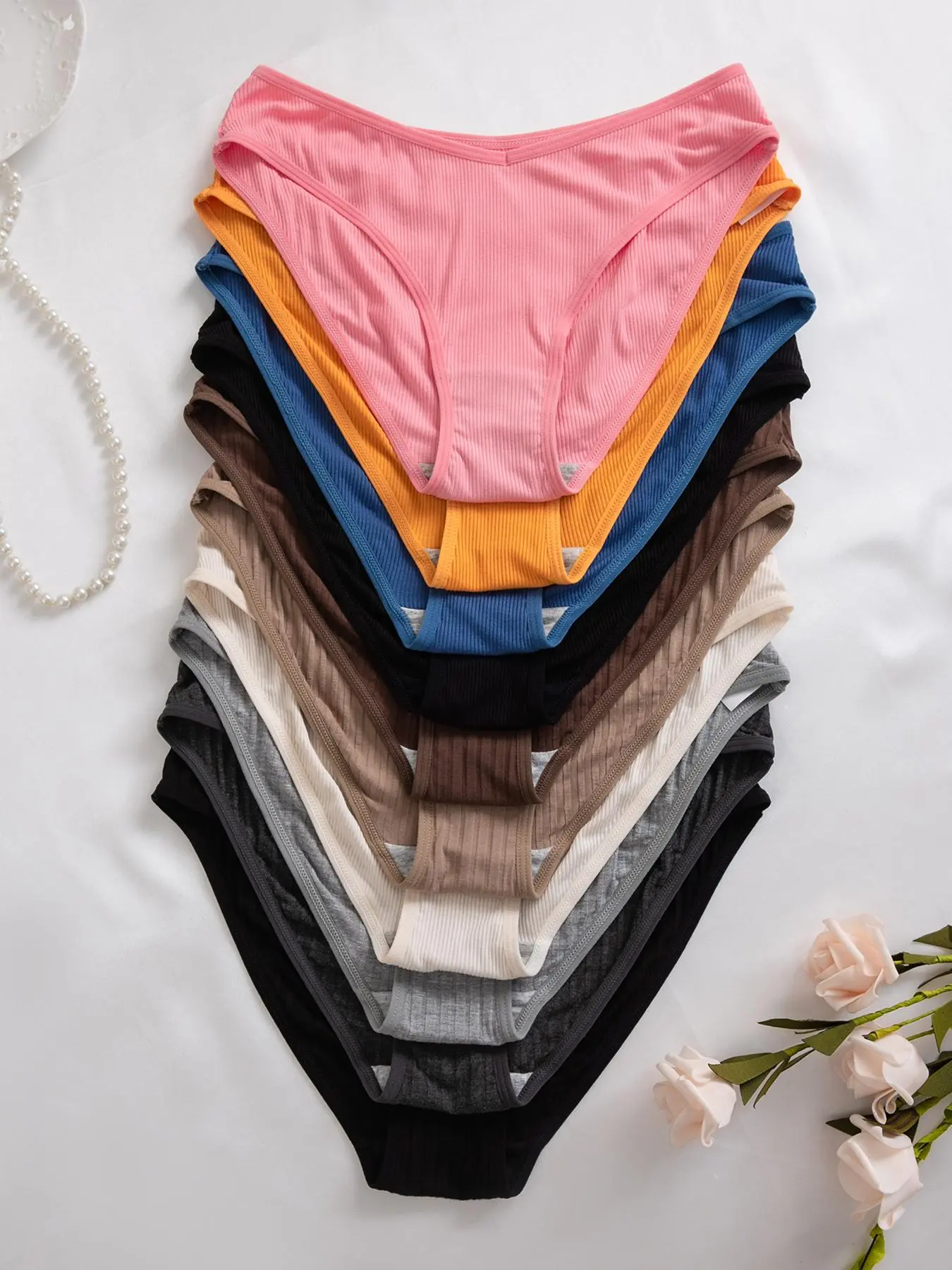 10 Pcs Low Waist Triangle Briefs for Women, Plain Color, Comfortable Breathable Korean Style, Casual Everyday Wear, Four Seasons Essential, Knitted Stretch Underwear