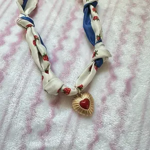 Strawberry Heart Scarf Necklace with Gold Heart Charm and Strawberry Patterned Design