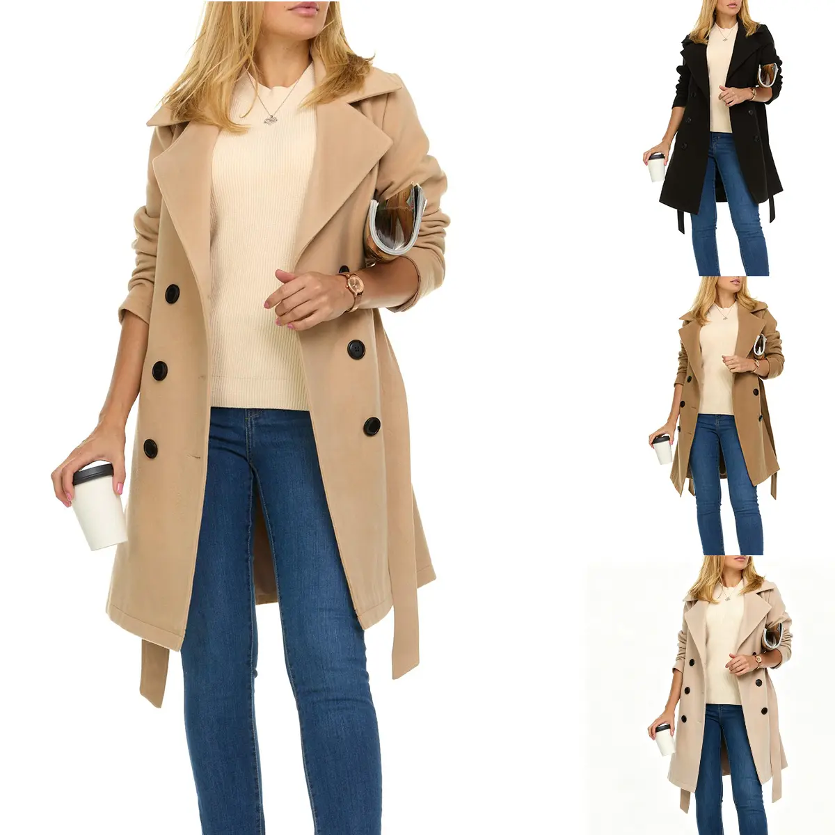 Molitree Women’s Double-Breasted Long Winter Faux Wool Trench Coat Elegant Lapel Collar Loose Fit Windproof Outerwear for Daily Casual Street Wear