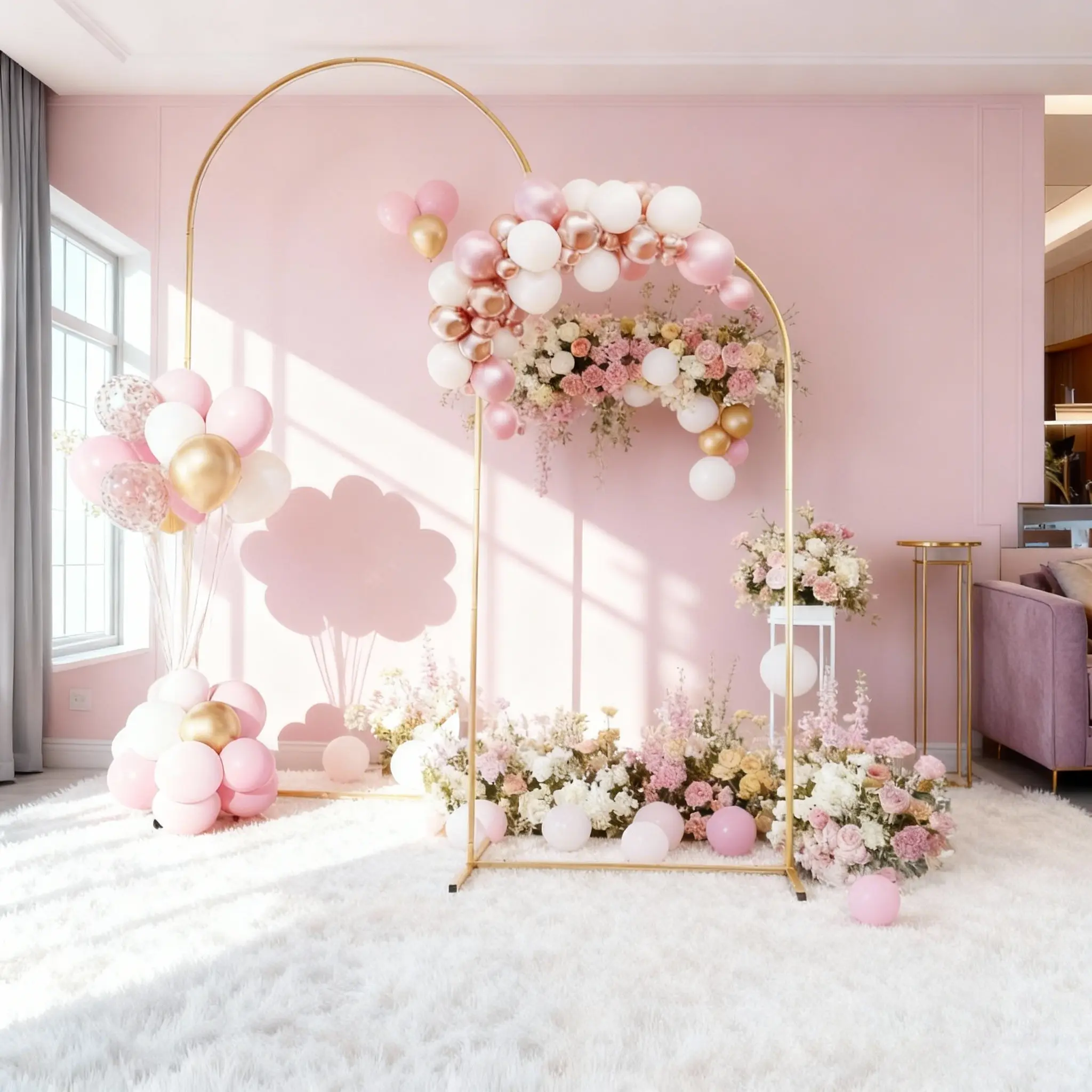 Golden Arch Backdrop Stand, 6FT+7.2FT Metal Arch for Wedding Party Floral Decor, Solid Durable Versatile Easy-Assembly Party Decoration Supplies Banners Floral Arch Props Flower Backdrop Wall Arched Backdrop Frame Indoor Photo Backdrops