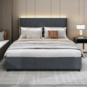 FUFU&GAGA Queen Size LED Lighted Upholstered Bed with Lights, Linen Fabric Bed Frame with Storage, Low Profile Platform Bed with Heavy Duty Wood Slats, Drawers, Rollers and Wingback Headboard
