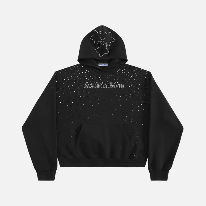 Aelfric Eden Boxy Rhinestone Star Pullover Hoodie Oversized Boxy Fit All over Sequin Base Hollow Star Hood Detail Y2K Edgy Streetwear Unisex Top