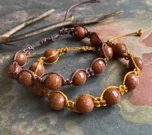 Macramé Goldstone Bracelet with Sliding Knot ,Bohemian Design Jewelry, Boho Style Stone Beaded Adjustable  Bracelet, Brown Bracelet,