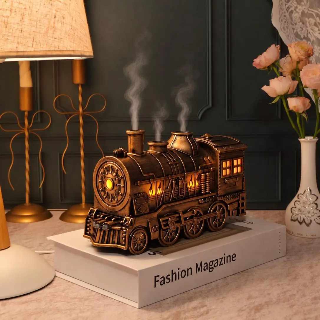 Vintage Steam Train Aroma Essential Oil Diffuser & Humidifier with Remote Control, 2-Color LED Light, 2 Mist Modes, US Plug, Christmas Gift for Home Decor