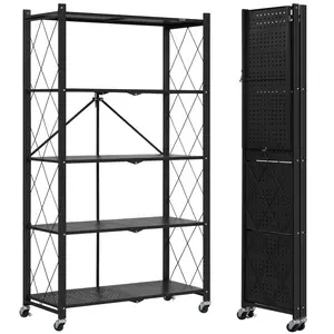Extra Large Metal Storage Shelves, 5 Tier Folding Shelf on Wheels, Heavy Duty, No Assembly, Rolling, Collapsible Rack Unit for Kitchen, Basement, Pantry, Three Colors