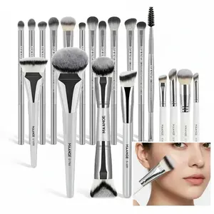 MAANGE Makeup Brush Sets Bundle, Silver 17pcs Face Brushes with Microfiber Bristles + White Portable 4pcs(Foundation/Concealer/Highlighter/Nasal Shadow)Brushes for Women & Girls