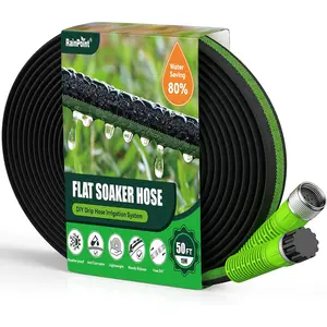 RAINPOINT 50ft Flat Soaker Hose, 80% Water-Saving Drip Irrigation Hose, Leakproof and Flexible with Anodized Aluminum Ends, Double Layer Gardening Hoses for Gardens, Vegetables and Trees, Green Outdoor